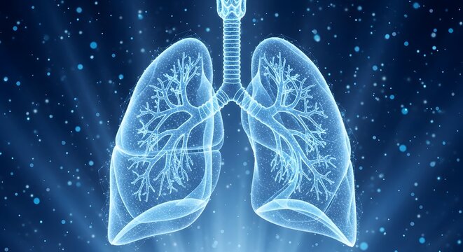 Lung health and respiratory system disease. Pulmonology and asthma awareness. Digital 3D wireframe illustration of human lungs with bronchioles and glowing particles