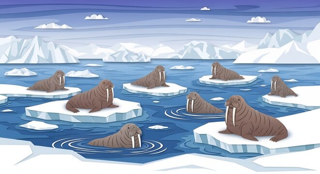 Walruses on Ice Floes in Arctic.
