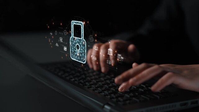 Cybersecurity protection system showing password encryption, fingerprint ID, cloud security, email, credit card, and database lock for secure data access Marrow