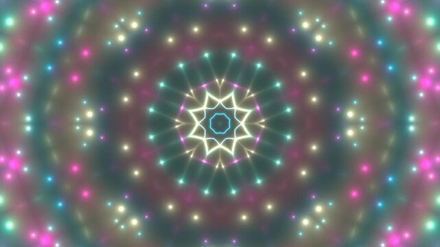Hypnotic kaleidoscope neon glowing lines moving in symmetrical circular pattern for abstract background