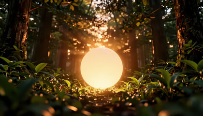 Naklejka premium The glowing sphere in the forest releases light through the trees, creating a serene atmosphere. Surrounding the sphere are lush greenery and vibrant plants.