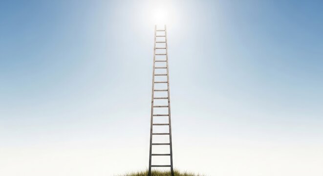 A tall ladder reaching up towards a bright sun in a clear blue sky with a sense of ascension and progression