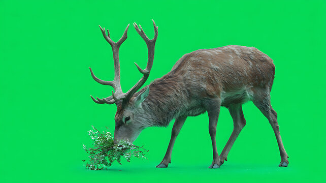A reindeer eating a bunch of flowers on a green background with its head down