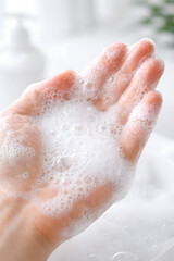 Fototapeta premium Close up of human hand with white soapy foam, washing hands or facial cleanser lather for skincare and hygiene concept.