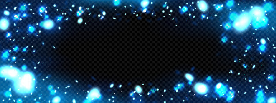 Particle light overlay effect. Magic firefly glow isolated vector. Blue bug dust with fire sparkle backdrop. Flying magical moth flare on screen with glimmer. Dark fairytale bokeh or confetti texture