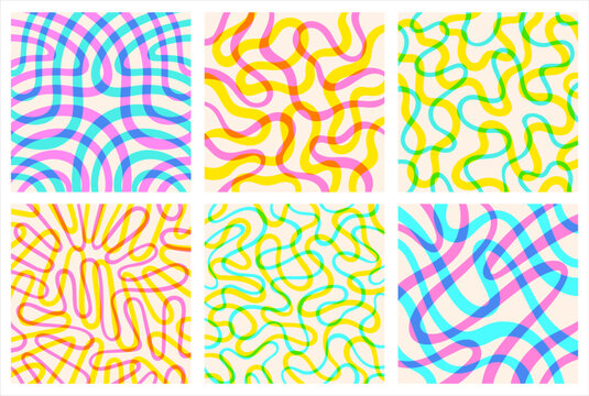 Modern abstract square backgrounds set. Layered riso print effect. Twisted hand drawn lines fluid curved wiggling stripes waves. Chaotic colorful patterns collection. Doodle uneven wavy organic line.