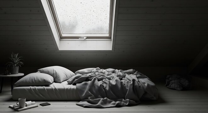 Cozy Attic Bedroom with Skylight on a Rainy Day.