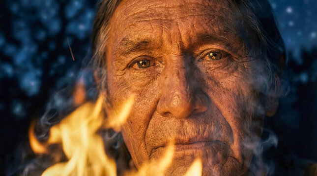 Native American elder man dramatic portrait firelight flames night sky spiritual ceremony indigenous heritage ancestral wisdom intense gaze cultural identity traditional ritual sacred powerful