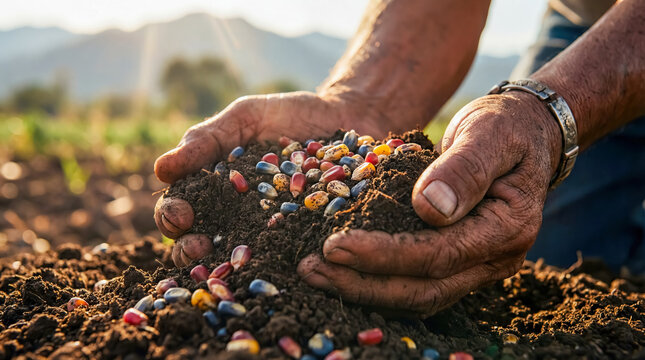 Native American hands holding colorful heirloom corn seeds soil indigenous agriculture heritage ancestral farming tradition cultivation land connection nature harvest planting mountains