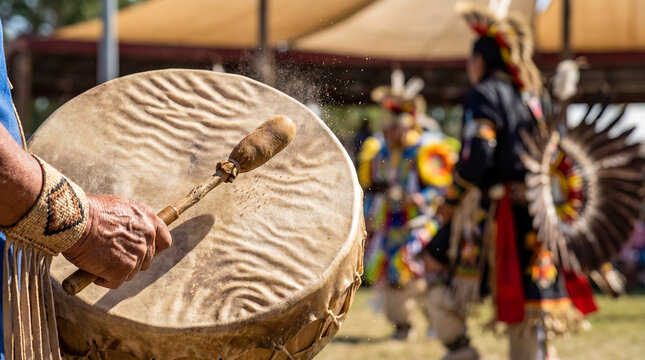 Native American drum beating hand powwow traditional dancers regalia background indigenous heritage ceremonial music percussion cultural celebration ritual sacred instrument festival energy