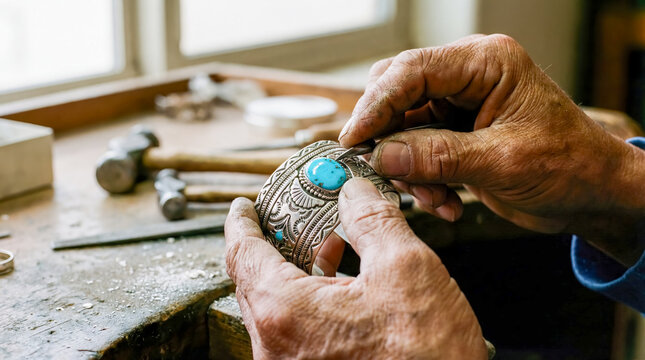 Native American silversmith hands engraved silver turquoise cuff bracelet hammer workshop traditional jewelry indigenous heritage ancestral craft skill artisan handmade close-up creation