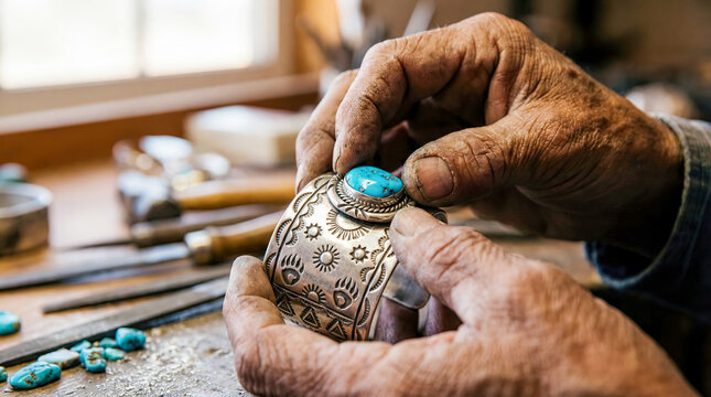 Native American silversmith hands crafting silver turquoise cuff bracelet traditional jewelry workshop indigenous heritage ancestral craft skill artisan handmade close-up creation detailed