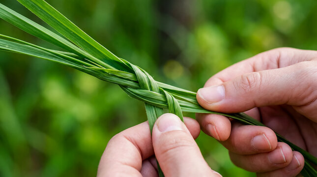 Hands braiding fresh green sweetgrass traditional indigenous ceremony heritage ancestral craft medicine plant nature close-up meadow background spiritual natural weaving healing sacred