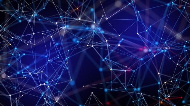 Animated abstract network connection with glowing nodes and lines on dark blue backdrop