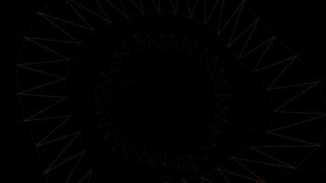 Golden abstract vortex tunnel with glowing geometric lines on black background for futuristic technology concept