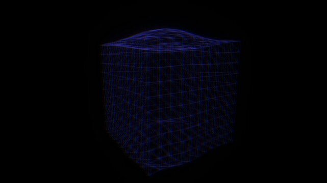 Digital glitch distortion of a blue 3D wireframe cube grid against a black background for futuristic technology design