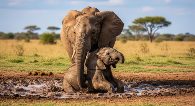 Elephant and Calf Enjoying a Mud Bath in the African Savannah.