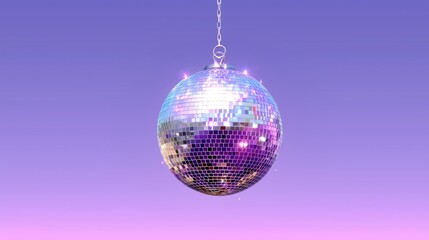 Shiny disco ball hanging on chain with pastel purple gradient background