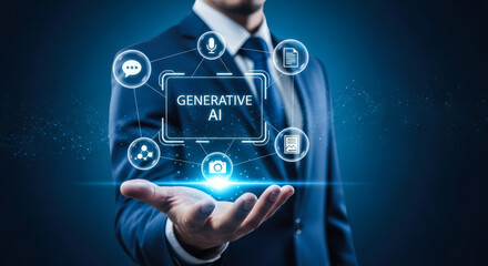 Fototapeta premium Businessman Interacting With a Digital Interface Representing Generative AI Technology and Future Innovation