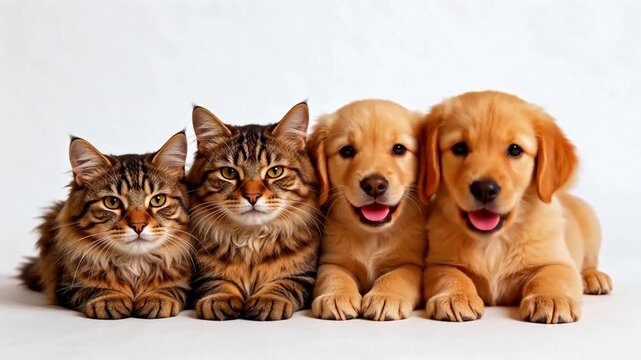 Two cats and two puppies lying down
