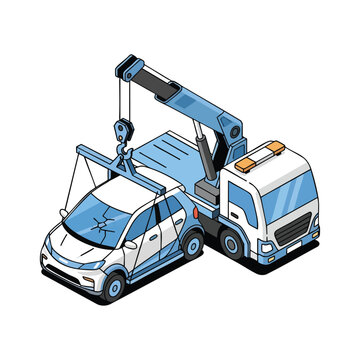 A blue and white towing truck vector illustration is lifting a damaged car with a cracked windshield, symbolizing roadside assistance and vehicle