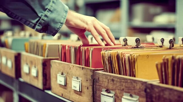 Hand reaching for a red file folder in an archive room symbolizing research history records management and accessing important documents with a vintage feel