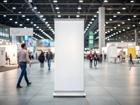 empty vertical banner stand in busy exhibition hall with people walking at trade show convention center