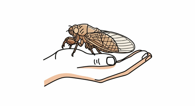 A cicada rests on an open, cupped hand with light skin tones
