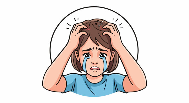 Young girl cries in distress scratching head with white dots and red irritation