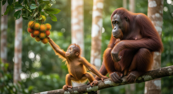 Orangutan Mother and Baby Sharing Rambutan in Borneo Rainforest.