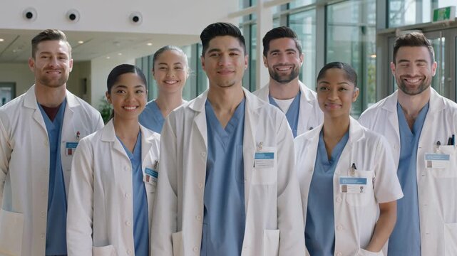 Group of multiracial doctors smiling and looking at the camera inside hospital - Medical professionals and health care concept - Models by AI generative