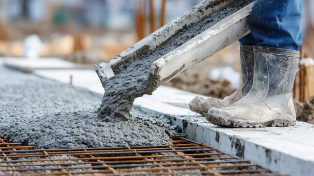 Construction worker pouring wet concrete onto steel rebar foundation at building site