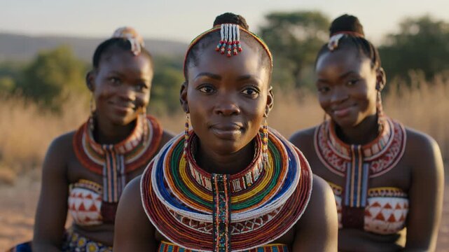African tribal women smiling on camera in nature - Culture, indigenous and tradition concept - Models by AI generative
