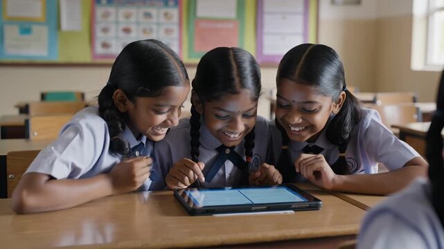 Happy indian teenager girls using digital tablet inside school classroom - Young people and technology concept - Models by AI generative