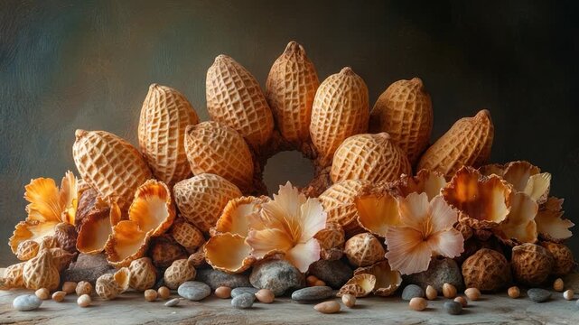 Still life of stylized peanuts, flowers, rocks, set on a wooden surface