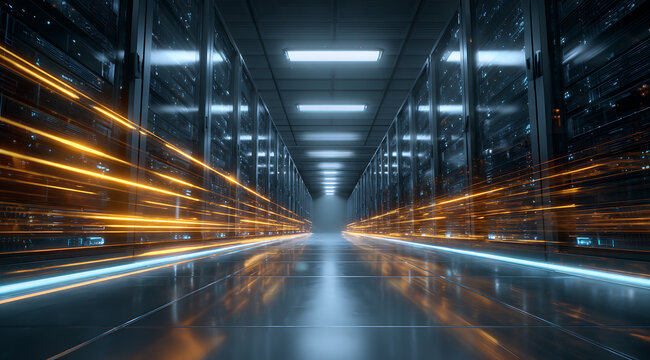 A futuristic data center with glowing lights and servers in a long corridor