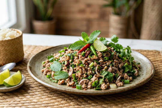 Laos Laap (Larb) Salad with Minced Meat, Herbs, Lime and Rice