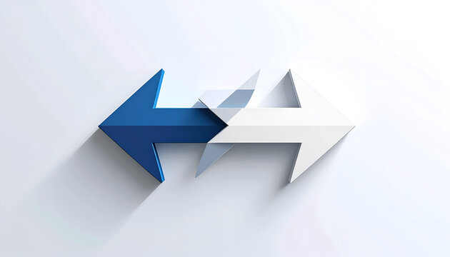 Blue arrow pointing left meeting white arrow pointing right on white background