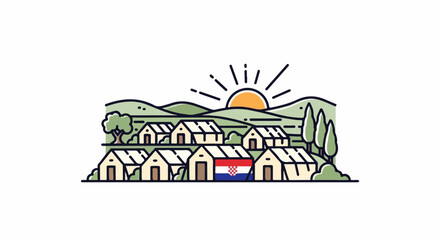 Fototapeta premium Stylized village with Croatian flag and a rising sun over rolling hills