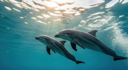 Naklejka premium Two dolphins swimming gracefully in the clear blue ocean water.