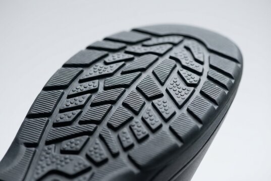 Black rubber shoe sole with tread pattern. Close up of footwear bottom texture. Concept of durable boot grip and traction for outdoor activity, hiking, trekking and industrial protective gear.