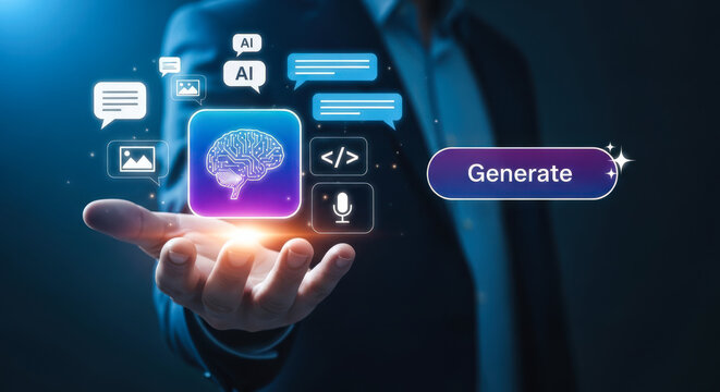 Futuristic Generative Artificial Intelligence Concept with Digital Icons for Content Automation and Creative Technology