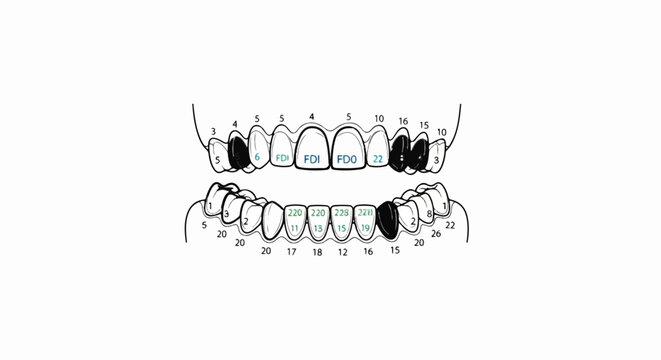 Dental chart illustrating upper and lower teeth with numerical markings and shading