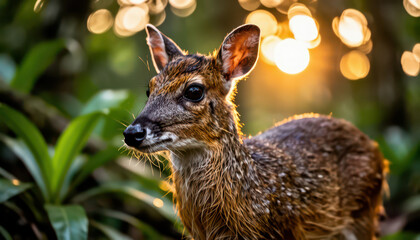 Naklejka premium a deer in a lush setting, with soft sunlight filtering through the leaves. The deer appears calm among the greenery of the forest.