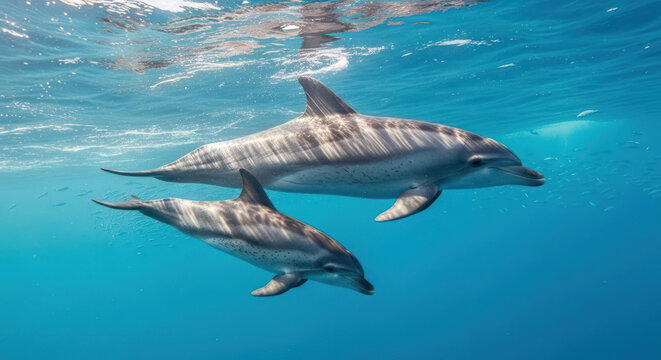 Two Spinner Dolphins Swimming Together in Clear Blue Ocean Water.