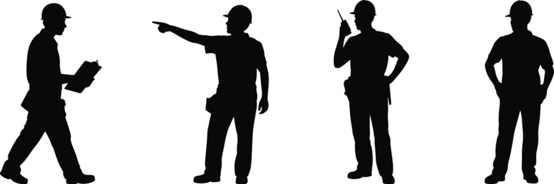 Construction site manager silhouettes set with foreman supervisor engineer worker pointing and using radio for industrial building project management works