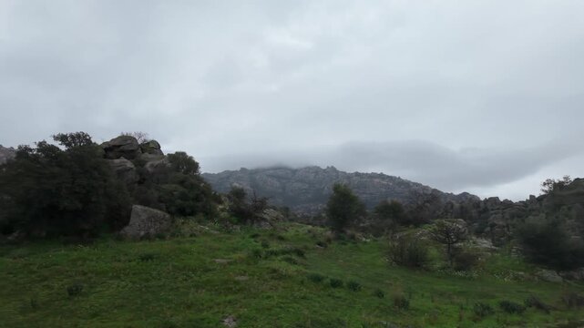 Scenic View of Latmos Mountains and Bafa Lake Hills with Ancient Rocks and Olive Trees, Turkey. High quality 4k footage