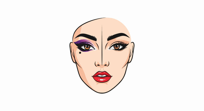 Boldly made-up face, half bald, half with makeup and hair
