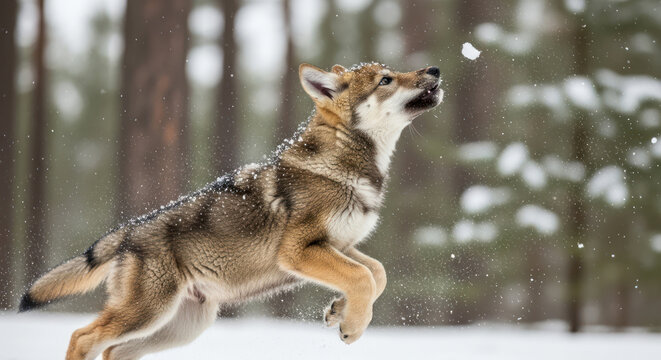 Wolf leaping to catch a snowball in a snowy forest.