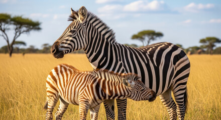 Fototapeta premium Zebra and Foal in African Savanna A Striking Wildlife Portrait.